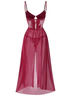Clearance Retro Stage 1950s Spaghetti Strap Sheer Lace Satin Bow Nightgown