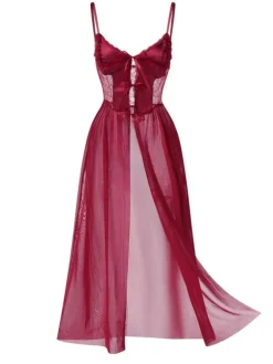 Clearance Retro Stage 1950s Spaghetti Strap Sheer Lace Satin Bow Nightgown