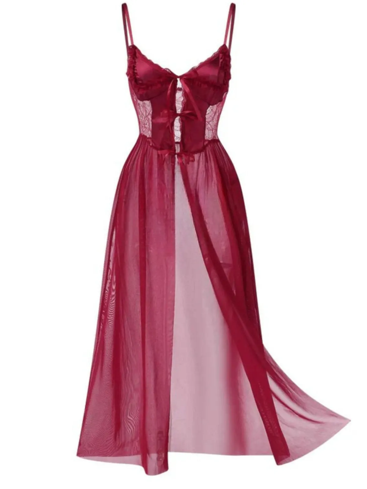 Clearance Retro Stage 1950s Spaghetti Strap Sheer Lace Satin Bow Nightgown