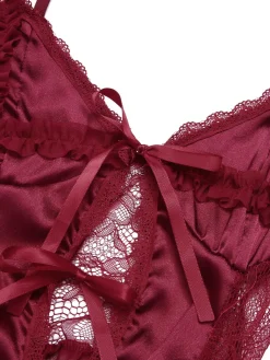 Clearance Retro Stage 1950s Spaghetti Strap Sheer Lace Satin Bow Nightgown