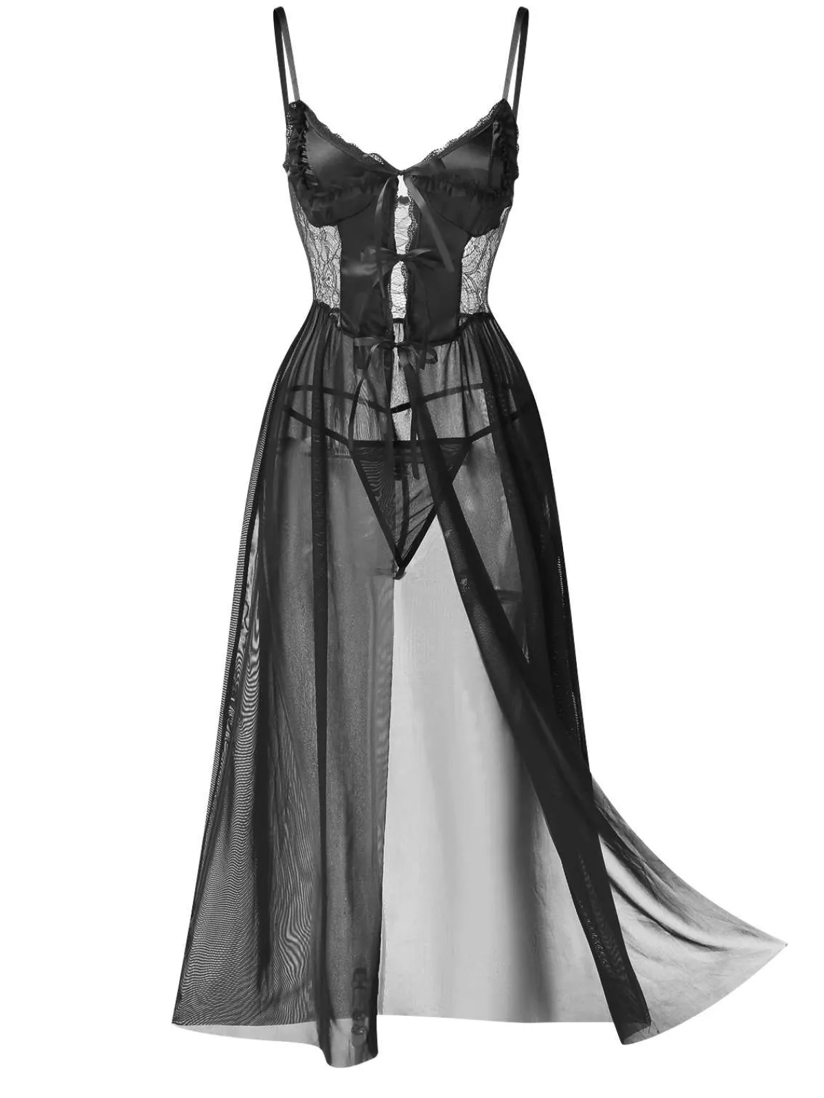 Clearance Retro Stage 1950s Spaghetti Strap Sheer Lace Satin Bow Nightgown