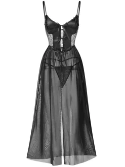 Clearance Retro Stage 1950s Spaghetti Strap Sheer Lace Satin Bow Nightgown