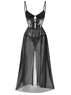 Clearance Retro Stage 1950s Spaghetti Strap Sheer Lace Satin Bow Nightgown