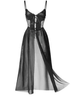 Clearance Retro Stage 1950s Spaghetti Strap Sheer Lace Satin Bow Nightgown