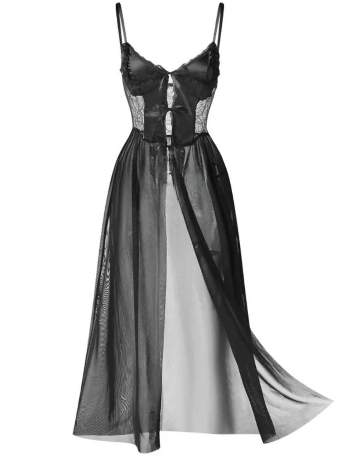 Clearance Retro Stage 1950s Spaghetti Strap Sheer Lace Satin Bow Nightgown