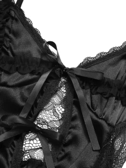 Clearance Retro Stage 1950s Spaghetti Strap Sheer Lace Satin Bow Nightgown