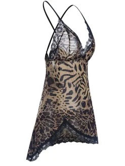 Fashion Retro Stage 1950s Spaghetti Strap Slit Leopard Lace Nightgown Brown