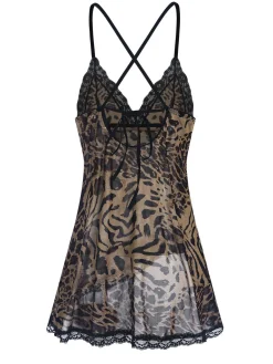 Fashion Retro Stage 1950s Spaghetti Strap Slit Leopard Lace Nightgown Brown