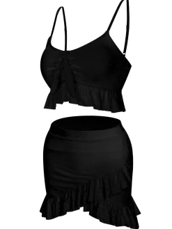 Hot Retro Stage 1950s Spaghetti Strap Solid Ruffles Swimsuit & Cover-Up