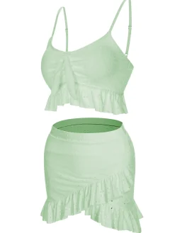 Hot Retro Stage 1950s Spaghetti Strap Solid Ruffles Swimsuit & Cover-Up