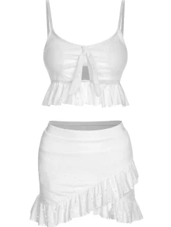 Hot Retro Stage 1950s Spaghetti Strap Solid Ruffles Swimsuit & Cover-Up