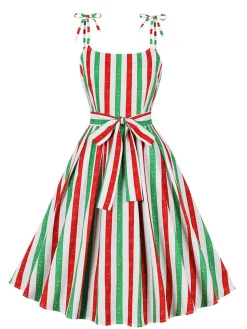 Fashion Retro Stage 1950s Spaghetti Strap Stripes Color-Patchwork Dress Red & Green