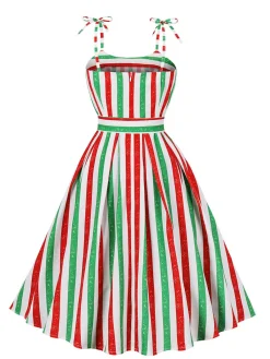 Fashion Retro Stage 1950s Spaghetti Strap Stripes Color-Patchwork Dress Red & Green
