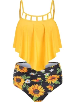 Sale Retro Stage 1950s Spaghetti Strap Sunflowers Tankini Set