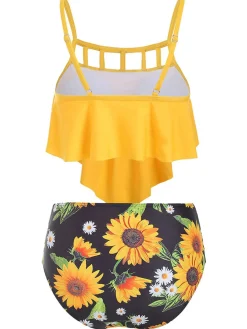 Sale Retro Stage 1950s Spaghetti Strap Sunflowers Tankini Set