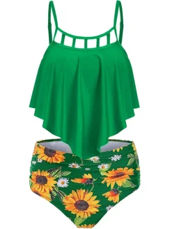 Sale Retro Stage 1950s Spaghetti Strap Sunflowers Tankini Set