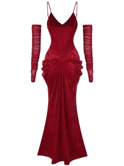 Hot Retro Stage 1930s Spaghetti Strap V-Neck Backless Velvet Dress Deep Red