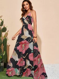 New Retro Stage 1970s Spaghetti Strap V-Neck Floral Boho Dress Multicolor