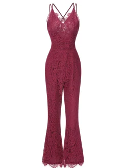 Fashion Retro Stage 1960s Spaghetti Strap V-Neck Lace Jumpsuit