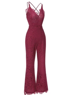 Fashion Retro Stage 1960s Spaghetti Strap V-Neck Lace Jumpsuit