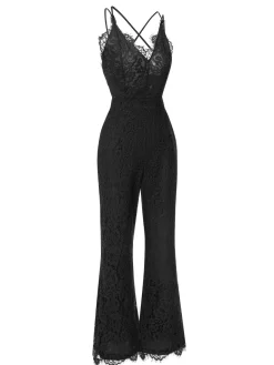 Fashion Retro Stage 1960s Spaghetti Strap V-Neck Lace Jumpsuit