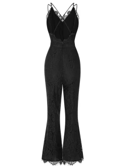 Fashion Retro Stage 1960s Spaghetti Strap V-Neck Lace Jumpsuit