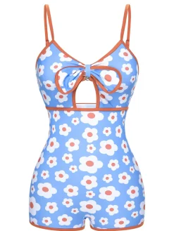 Clearance Retro Stage 1930s Spaghetti Straps Cartoon Flowers Boxer Swimsuit