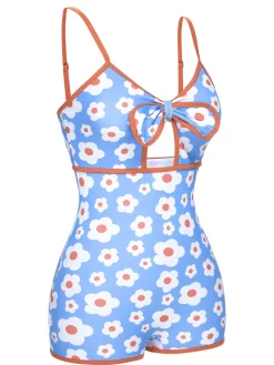Clearance Retro Stage 1930s Spaghetti Straps Cartoon Flowers Boxer Swimsuit