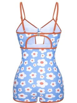 Clearance Retro Stage 1930s Spaghetti Straps Cartoon Flowers Boxer Swimsuit