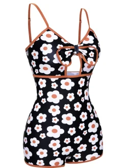 Clearance Retro Stage 1930s Spaghetti Straps Cartoon Flowers Boxer Swimsuit