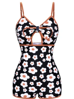 Clearance Retro Stage 1930s Spaghetti Straps Cartoon Flowers Boxer Swimsuit