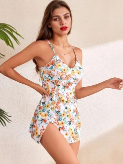 Hot Retro Stage 1940s Spaghetti Straps Floral Print Skirt Swimsuit