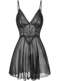Best Retro Stage 1960s Spaghetti Straps Lace Sheer Nightgown