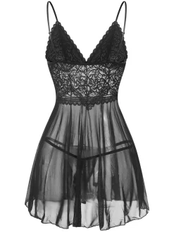 Best Retro Stage 1960s Spaghetti Straps Lace Sheer Nightgown