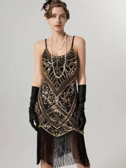 Clearance Retro Stage 1920s Spaghetti Straps Sequined Tassel Flapper Dress