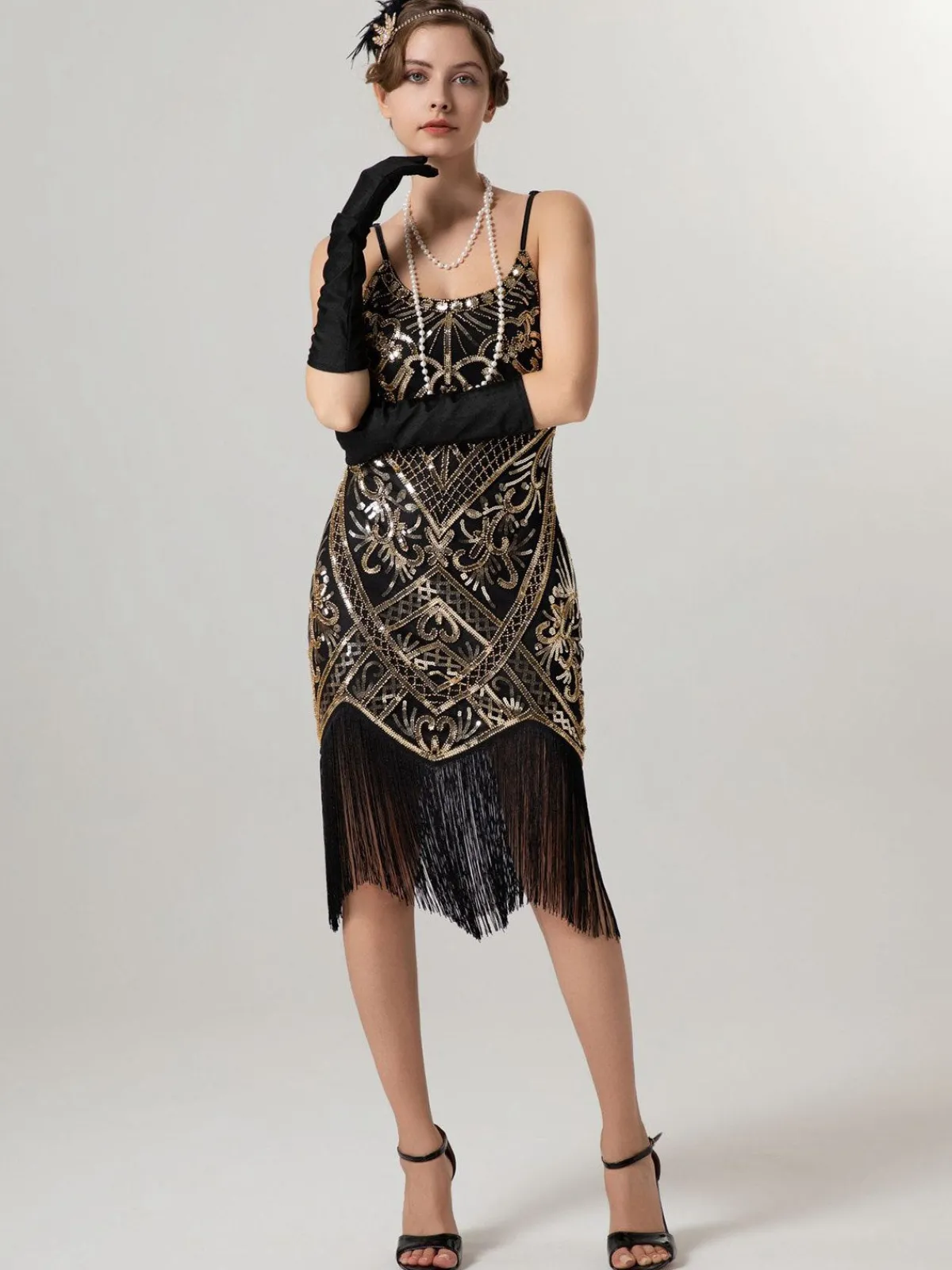 Clearance Retro Stage 1920s Spaghetti Straps Sequined Tassel Flapper Dress