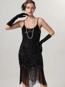 Clearance Retro Stage 1920s Spaghetti Straps Sequined Tassel Flapper Dress