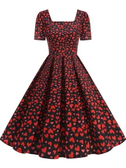 Online Retro Stage 1950s Square Neck Heart Dots Dress