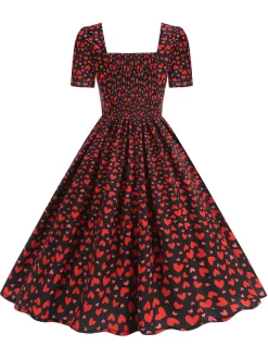 Online Retro Stage 1950s Square Neck Heart Dots Dress