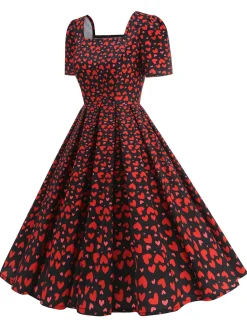 Online Retro Stage 1950s Square Neck Heart Dots Dress