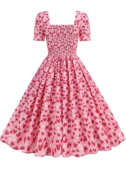 Online Retro Stage 1950s Square Neck Heart Dots Dress