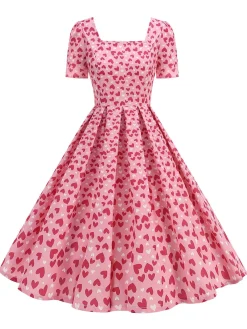 Online Retro Stage 1950s Square Neck Heart Dots Dress