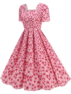 Online Retro Stage 1950s Square Neck Heart Dots Dress