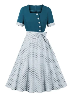Online Retro Stage 1950s Square Neck Polka Dots Bow Dress Navy Blue