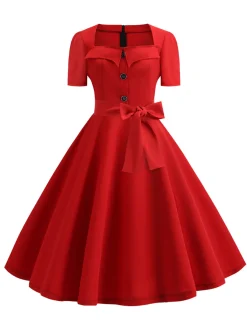 Best Retro Stage 1950s Square Neck Short Sleeves Dress