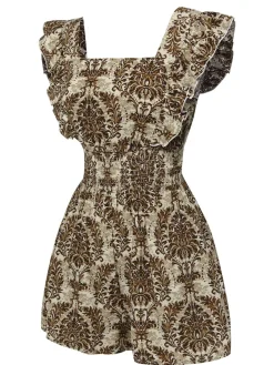 Sale Retro Stage 1960s Square Neck Wrinkle Ruffles Romper Multicolor