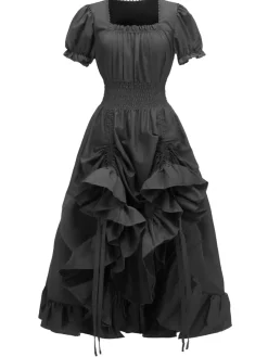 Sale Retro Stage 1930s Square Neck Wrinkles Puff Sleeves Dress