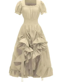 Sale Retro Stage 1930s Square Neck Wrinkles Puff Sleeves Dress