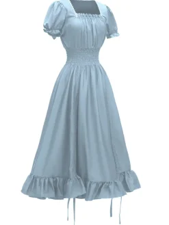 Sale Retro Stage 1930s Square Neck Wrinkles Puff Sleeves Dress