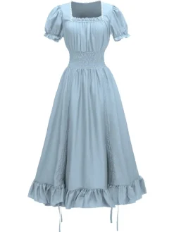 Sale Retro Stage 1930s Square Neck Wrinkles Puff Sleeves Dress